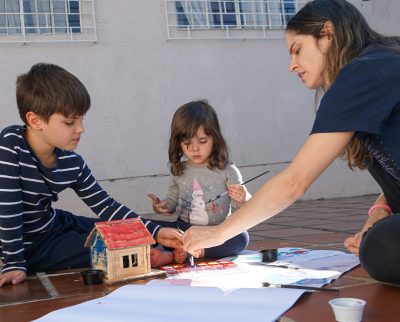 Mother at an activity with her children